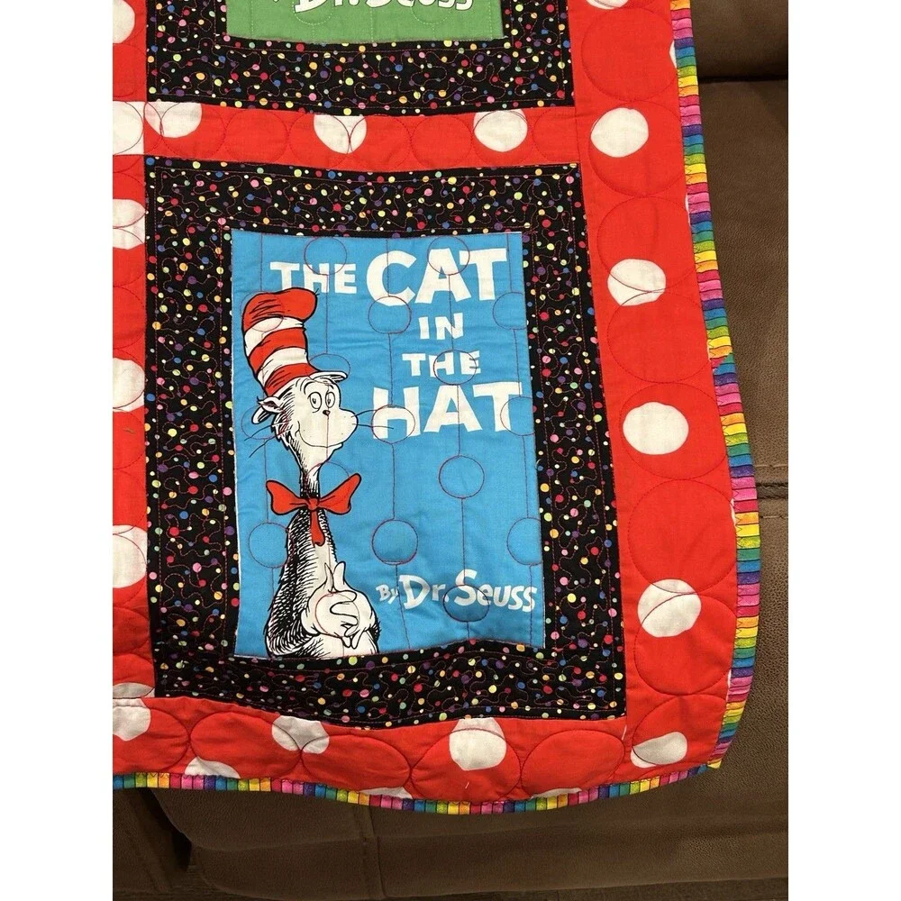 Hand Quilted Kids Quilt Dr Seuss Theme Multi Color Stitching 40” X 50”   Books